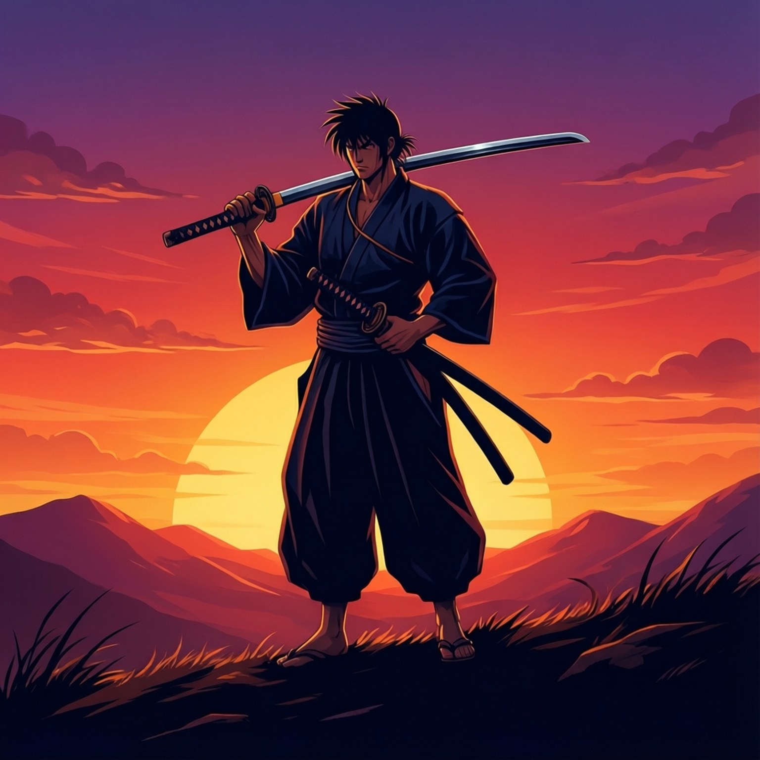 Sanosuke Sagara, sunset, lone warrior, HD Desktop Wallpaper