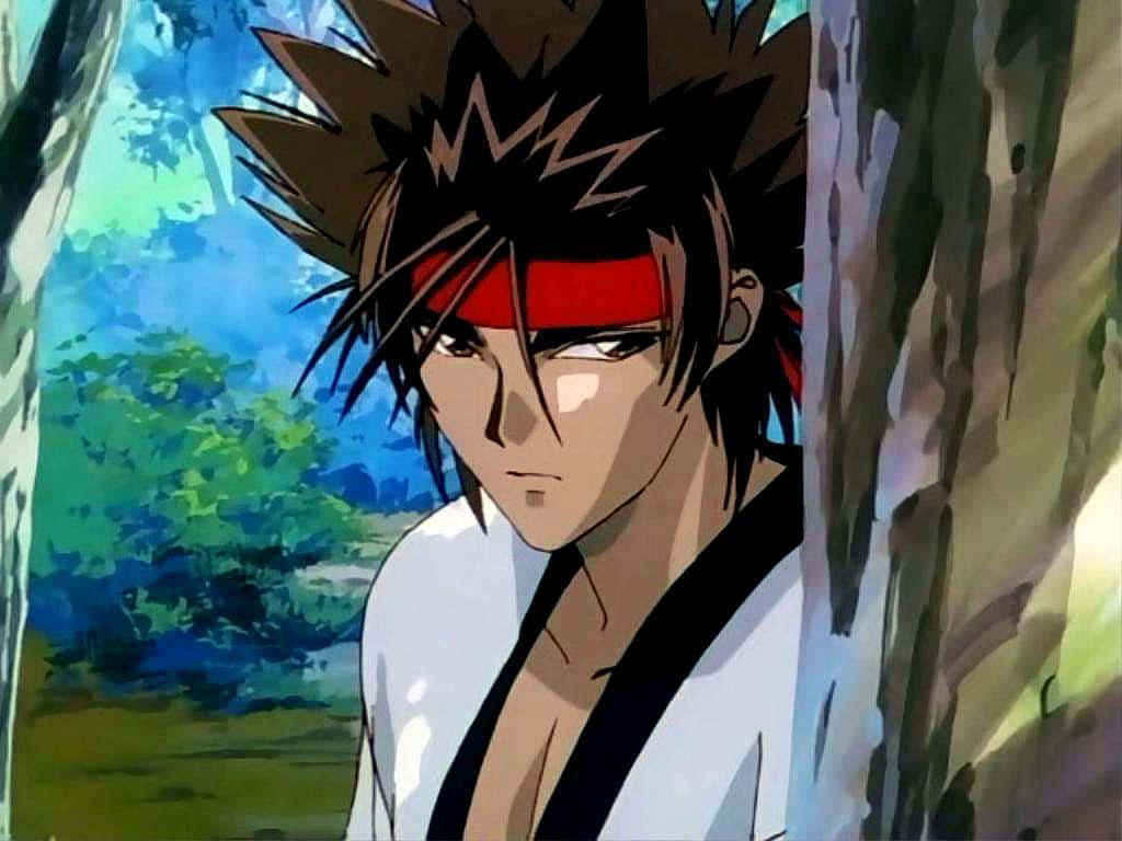 Sanosuke Sagara, spiky brown hair, red headband, SD Desktop Wallpaper
