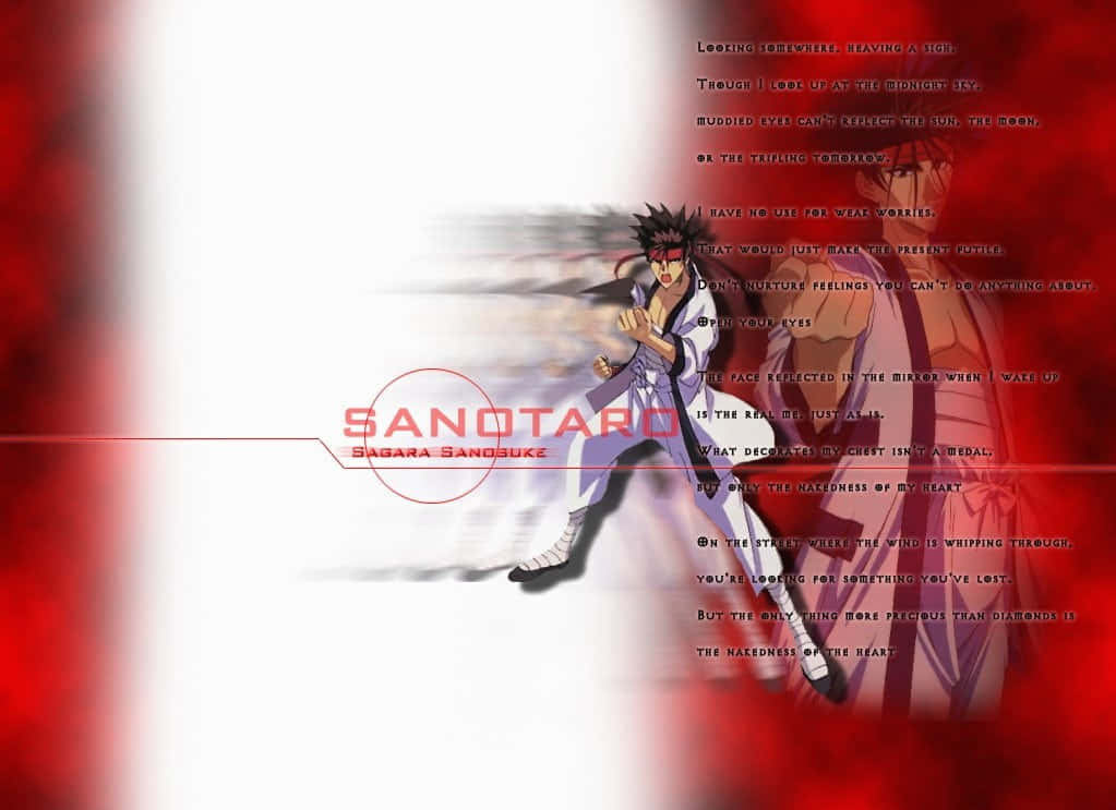 Sanosuke Sagara, red and white blurred background, poetic text overlay, SD Desktop Wallpaper