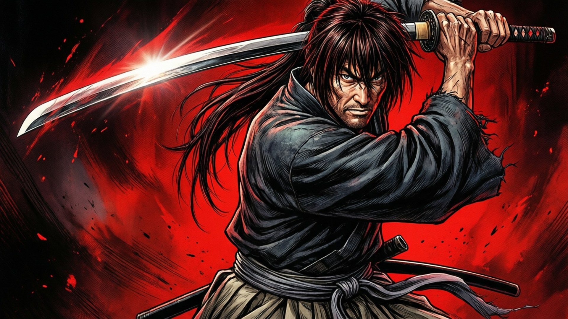 Sanosuke Sagara, zanbato, red and black background, Full HD Desktop Wallpaper