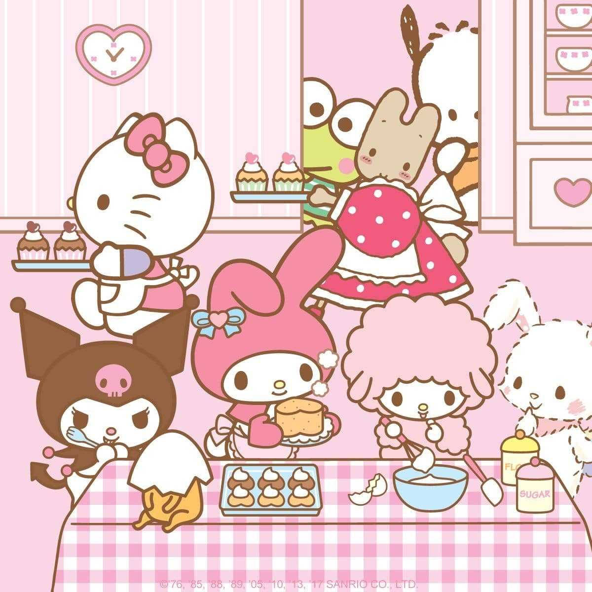 Sanrio characters, cupcakes, pink checkered kitchen, SD Desktop Wallpaper