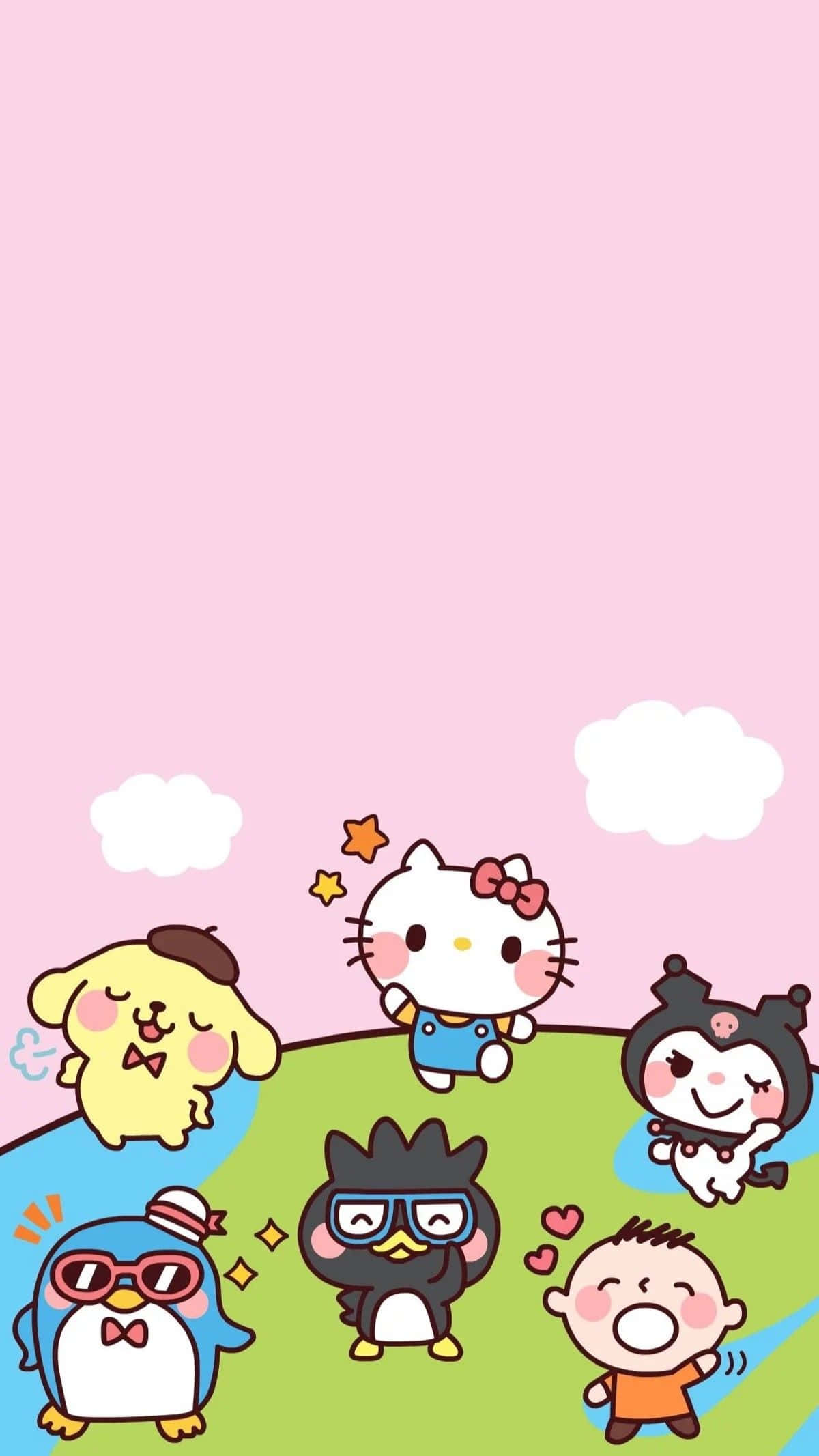 Sanrio Characters, green hill, soft pink sky, Full HD Phone Wallpaper