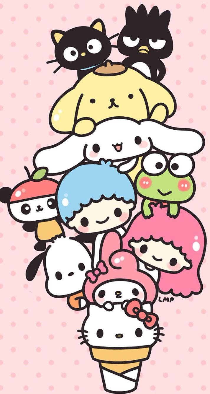 Sanrio Characters, pink polka dot background, cone, HD Phone Wallpaper