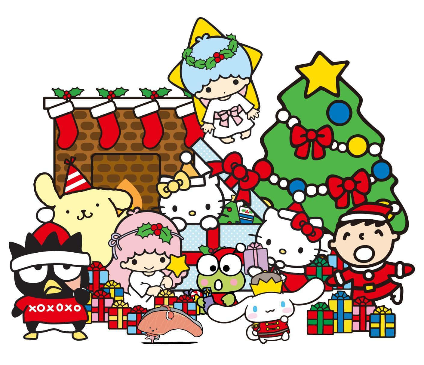 Sanrio Characters, Christmas tree, fireplace, HD Desktop Wallpaper
