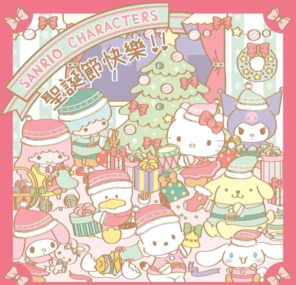 Sanrio characters, Christmas tree, festive winter hats, SD Desktop Wallpaper
