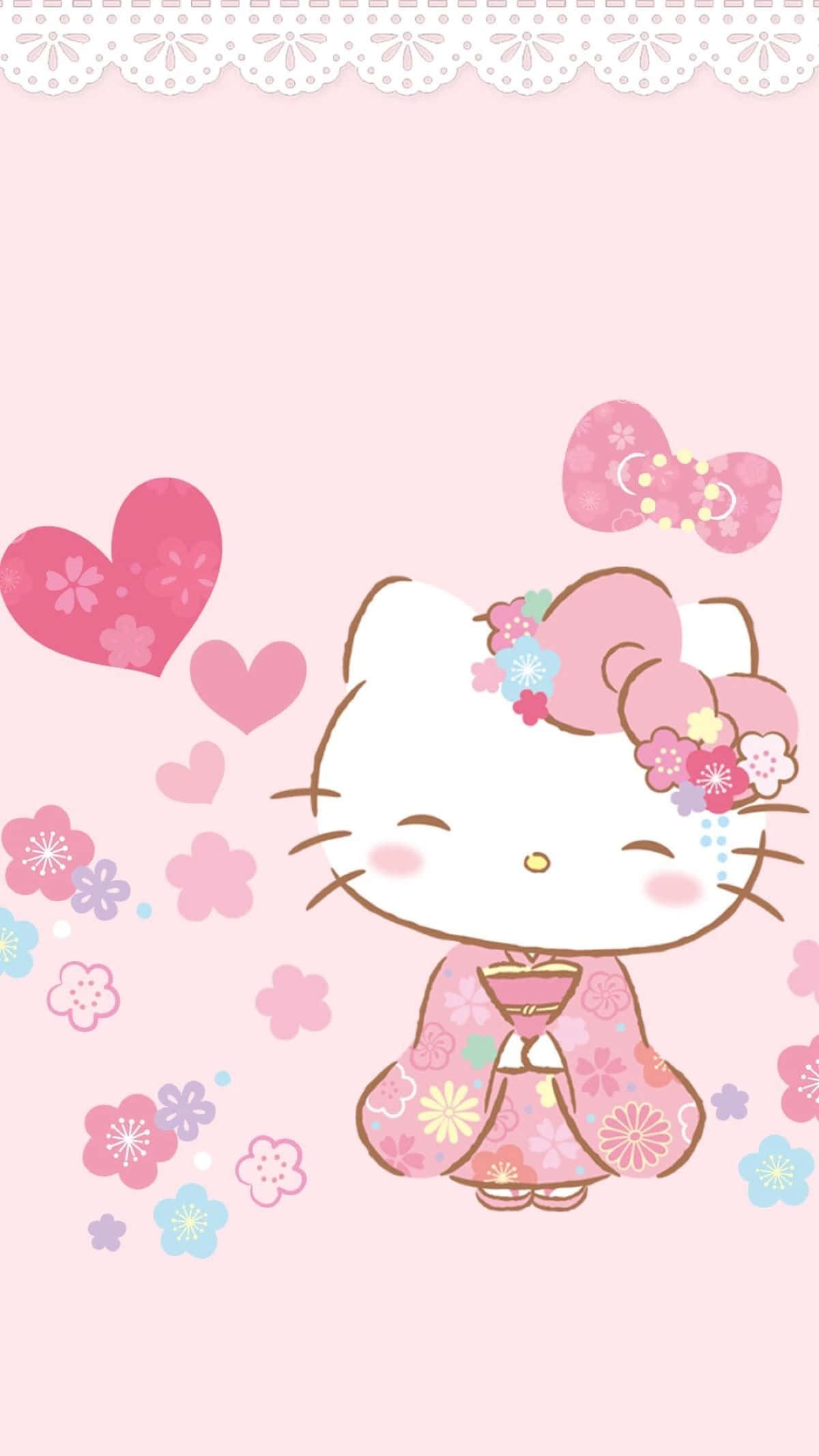 Sanrio Phone, cute cartoon cat, floral kimono, Full HD Phone Wallpaper