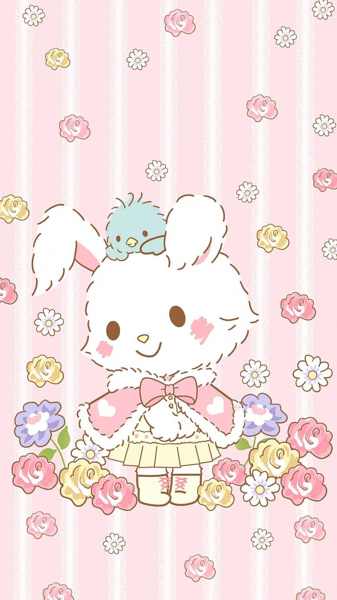 cute white bunny character, blue bird, colorful flowers, Full HD Phone Wallpaper