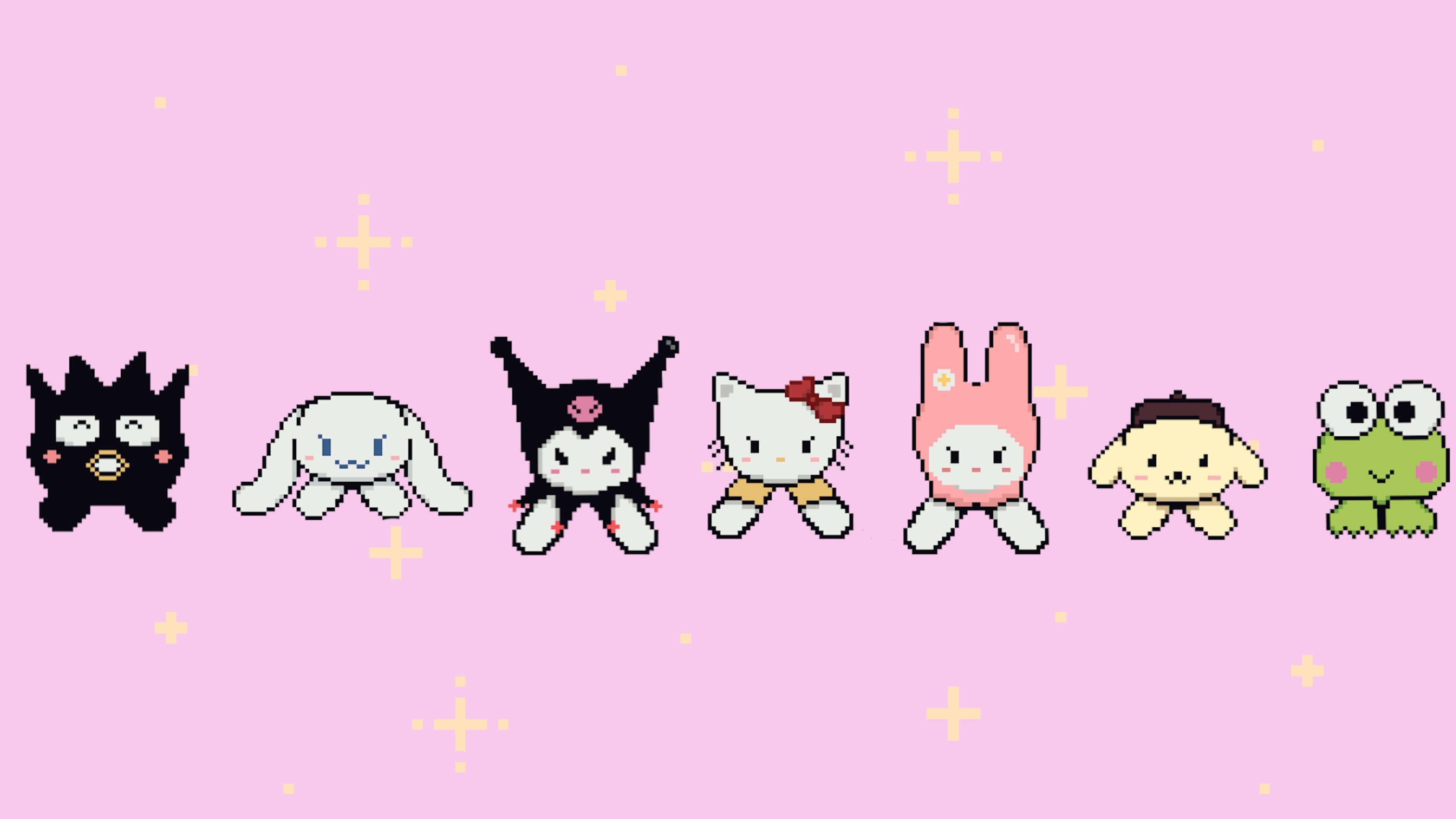 Sanrio characters, pixel art, pink background, 4K Desktop Wallpaper