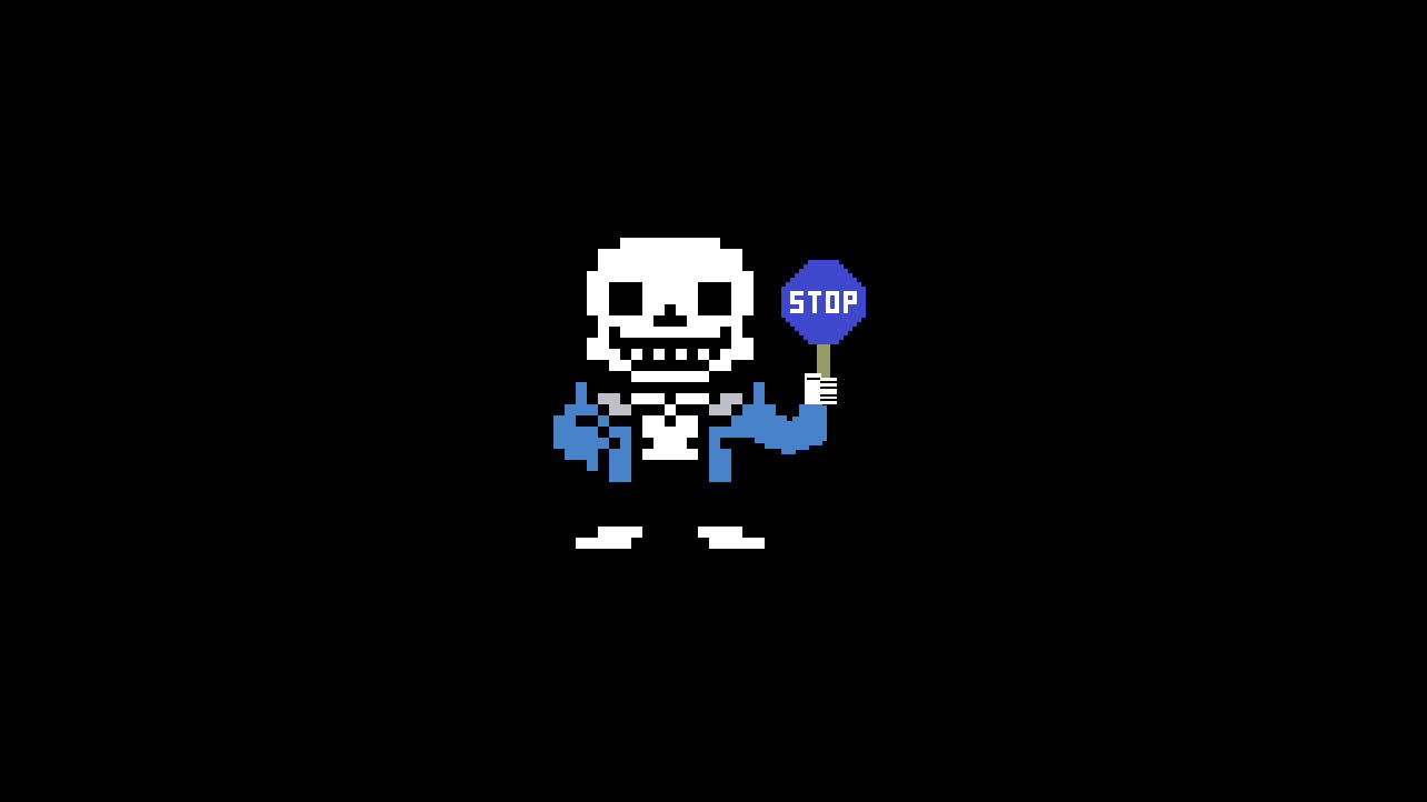 Sans, pixelated skeleton character, blue stop sign, HD Desktop Wallpaper