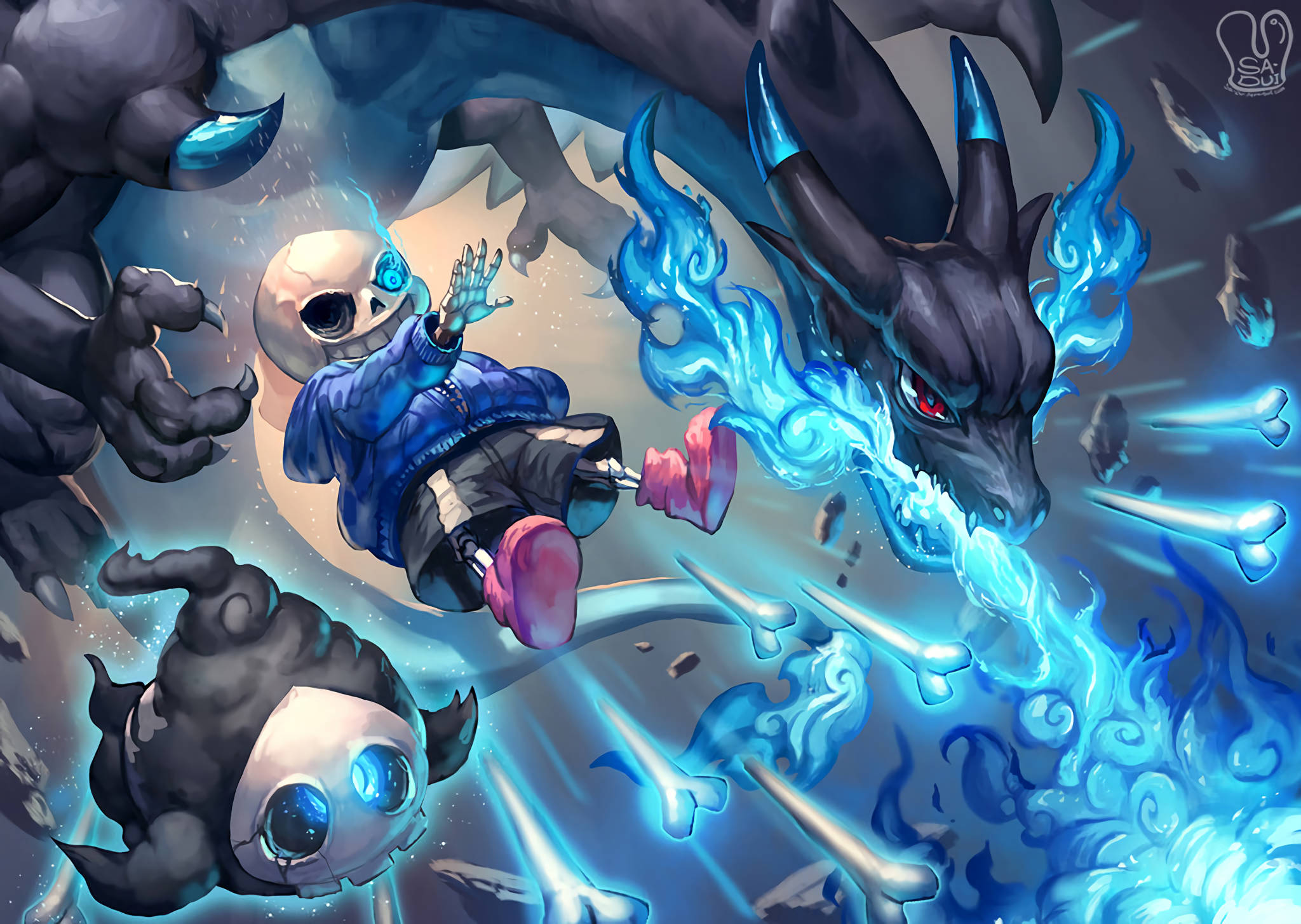 Sans, blue jacket, black dragon, Full HD Desktop Wallpaper