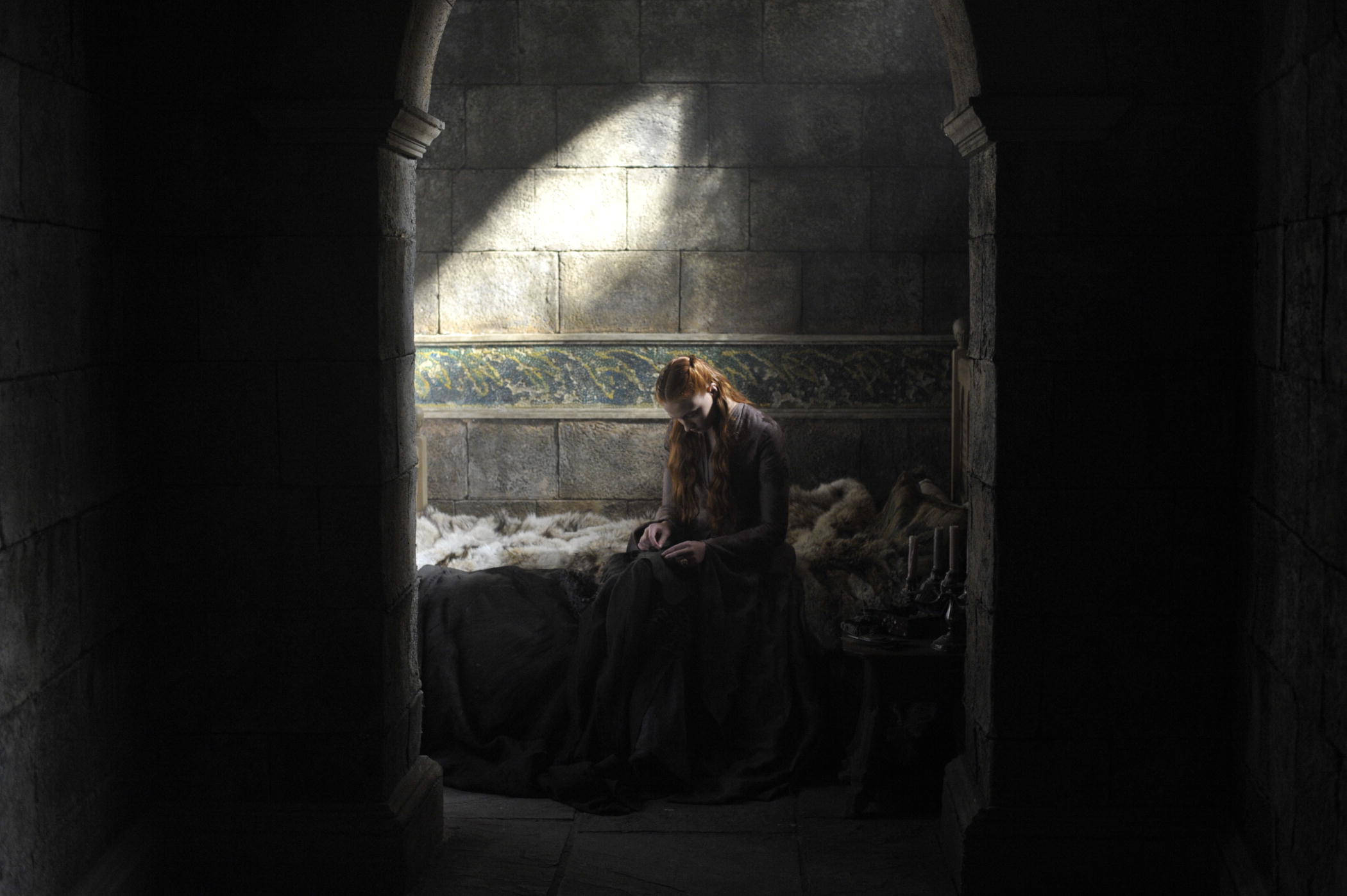 Sansa Stark, red hair, stone bed, Full HD Desktop Wallpaper