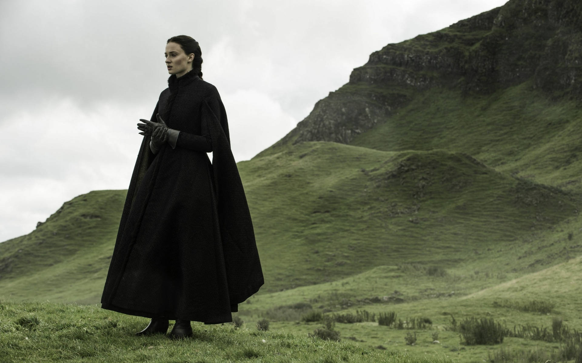 Sansa Stark, black cloak, grassy hillside, Full HD Desktop Wallpaper