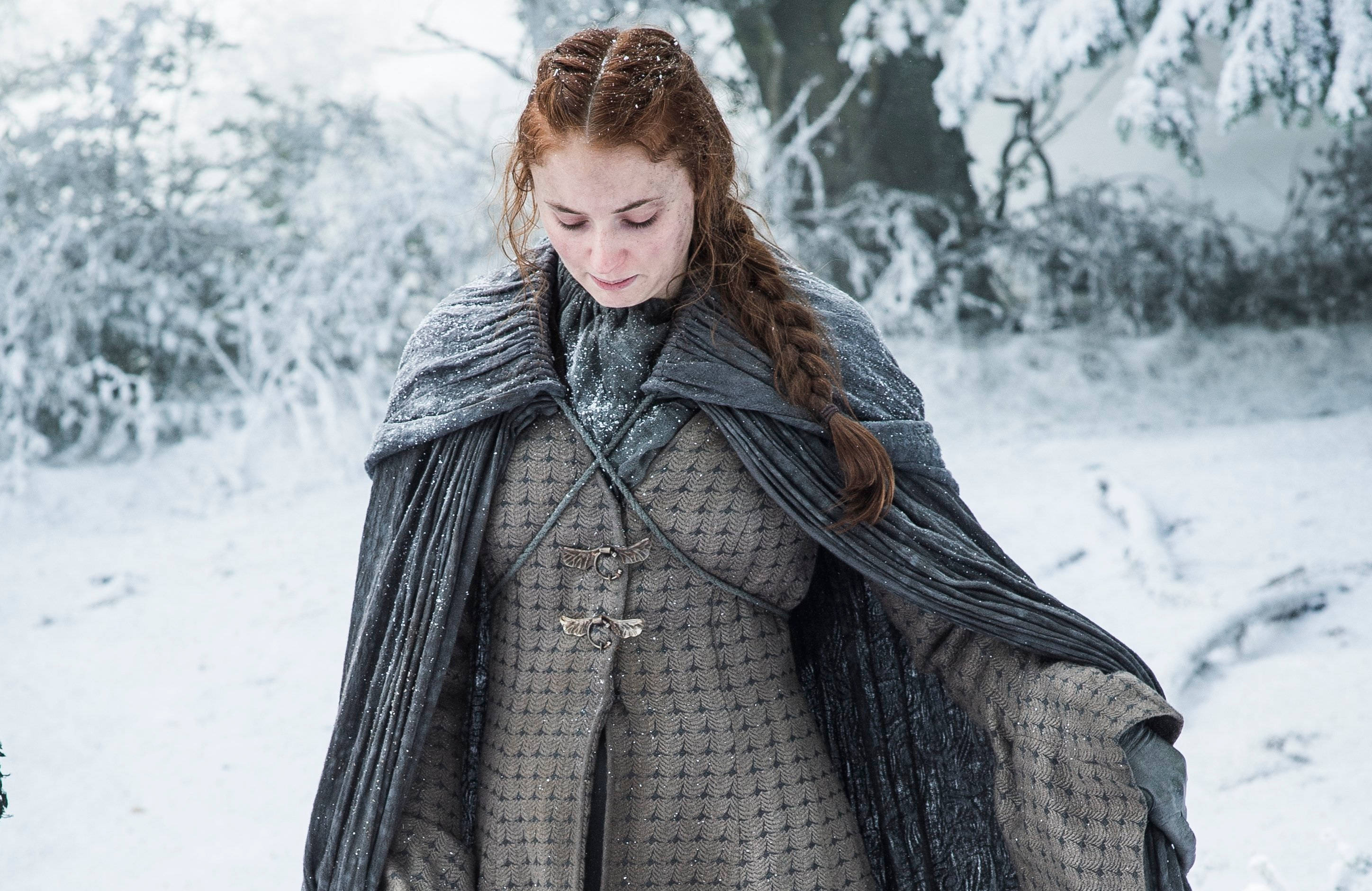 Sansa Stark, red braided hair, snowy forest, 2K Desktop Wallpaper