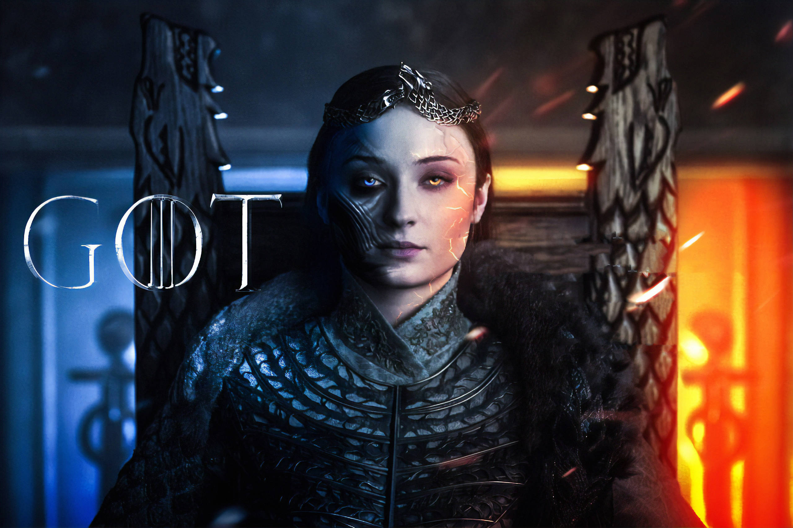 Sansa Stark, ice fire, throne, 2K Desktop Wallpaper