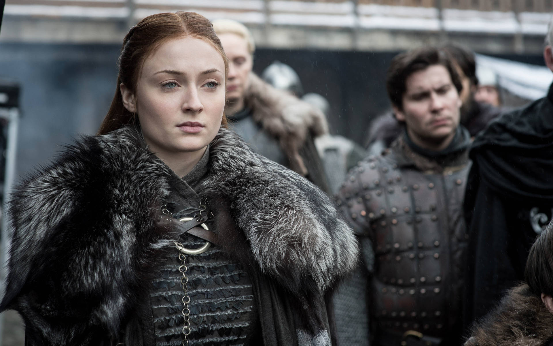 Sansa Stark, fur-lined cloak, cold medieval setting, Full HD Desktop Wallpaper