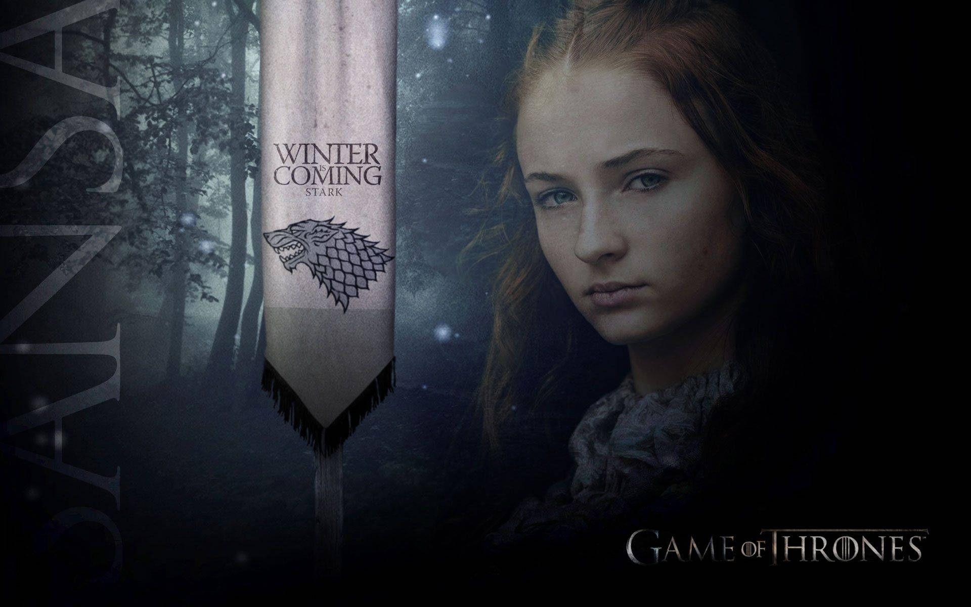 Sansa Stark, direwolf banner, misty forest, Full HD Desktop Wallpaper