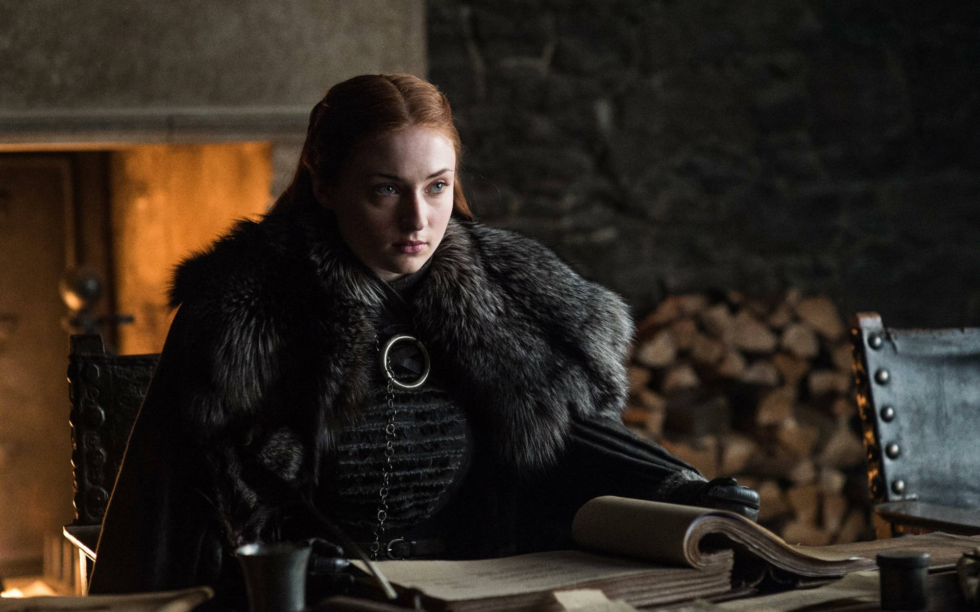 Sansa Stark, fur-lined black cloak, wooden table, Full HD Desktop Wallpaper