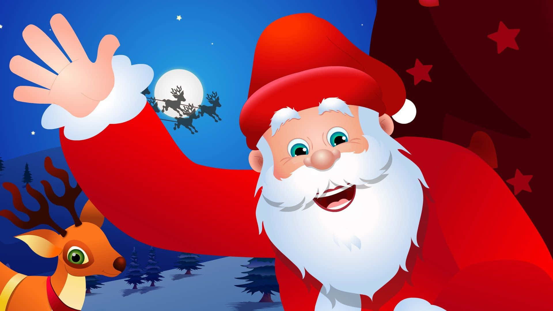 Santa Claus, cartoon Santa, snowy night sky, Full HD Desktop Wallpaper
