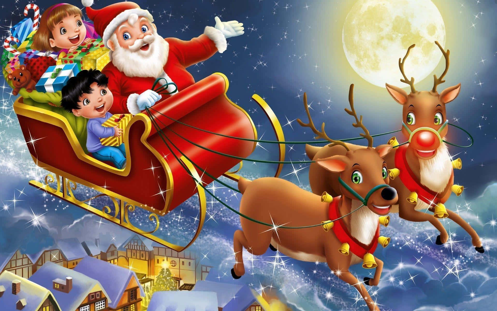 Santa Claus, red sleigh, reindeer with glowing red noses, Full HD Desktop Wallpaper