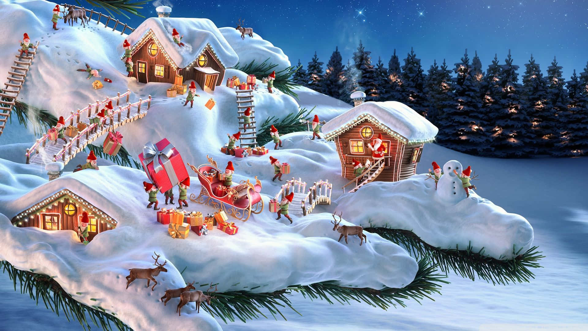 Santa Claus HD, whimsical snowy village, elves delivering gifts, Full HD Desktop Wallpaper