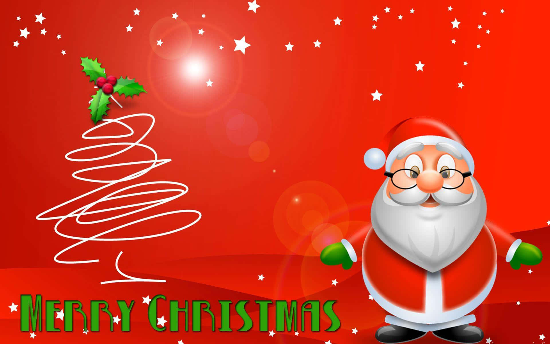 Santa Claus, cartoon Santa Claus, white Christmas tree, Full HD Desktop Wallpaper