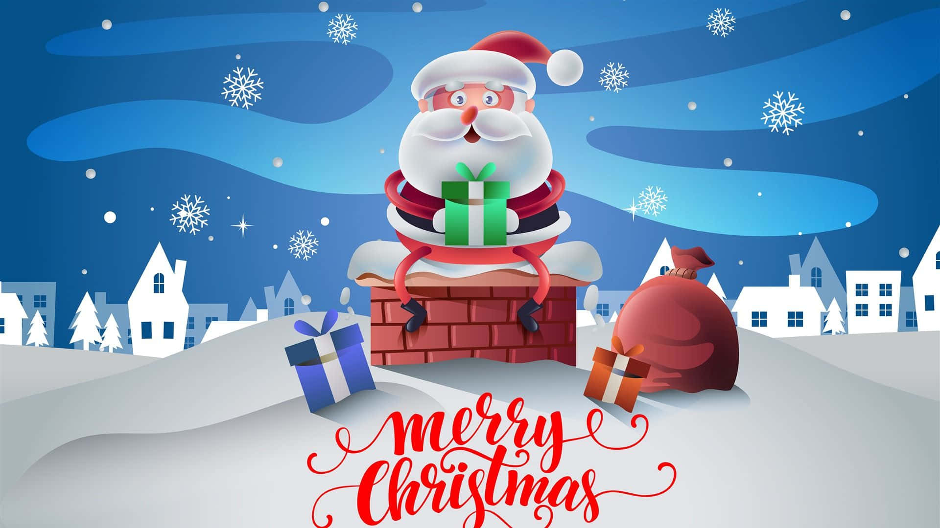 Santa Claus, chimney, snowy night sky, Full HD Desktop Wallpaper