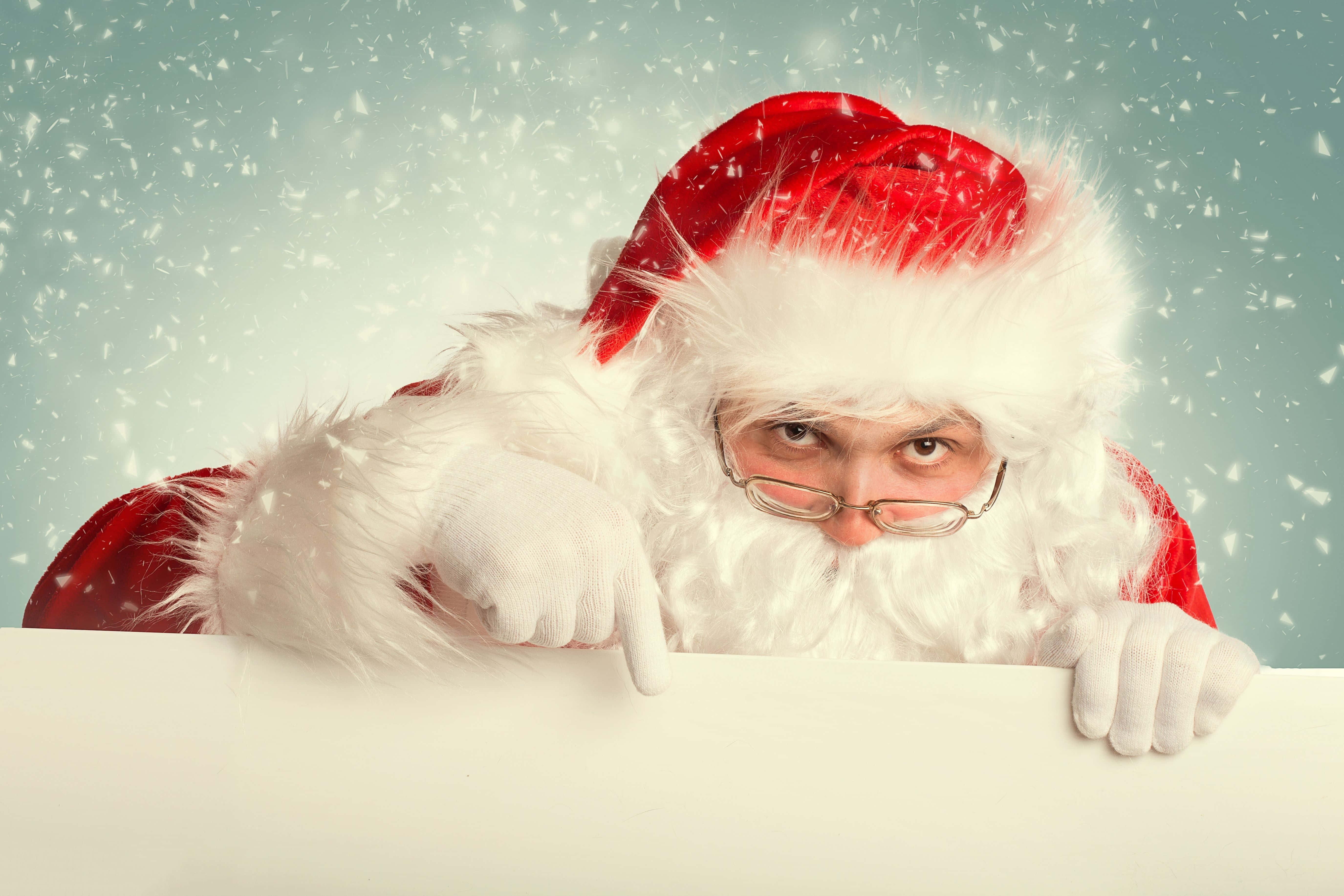 Santa Claus, white ledge, snowflakes, 5K Desktop Wallpaper