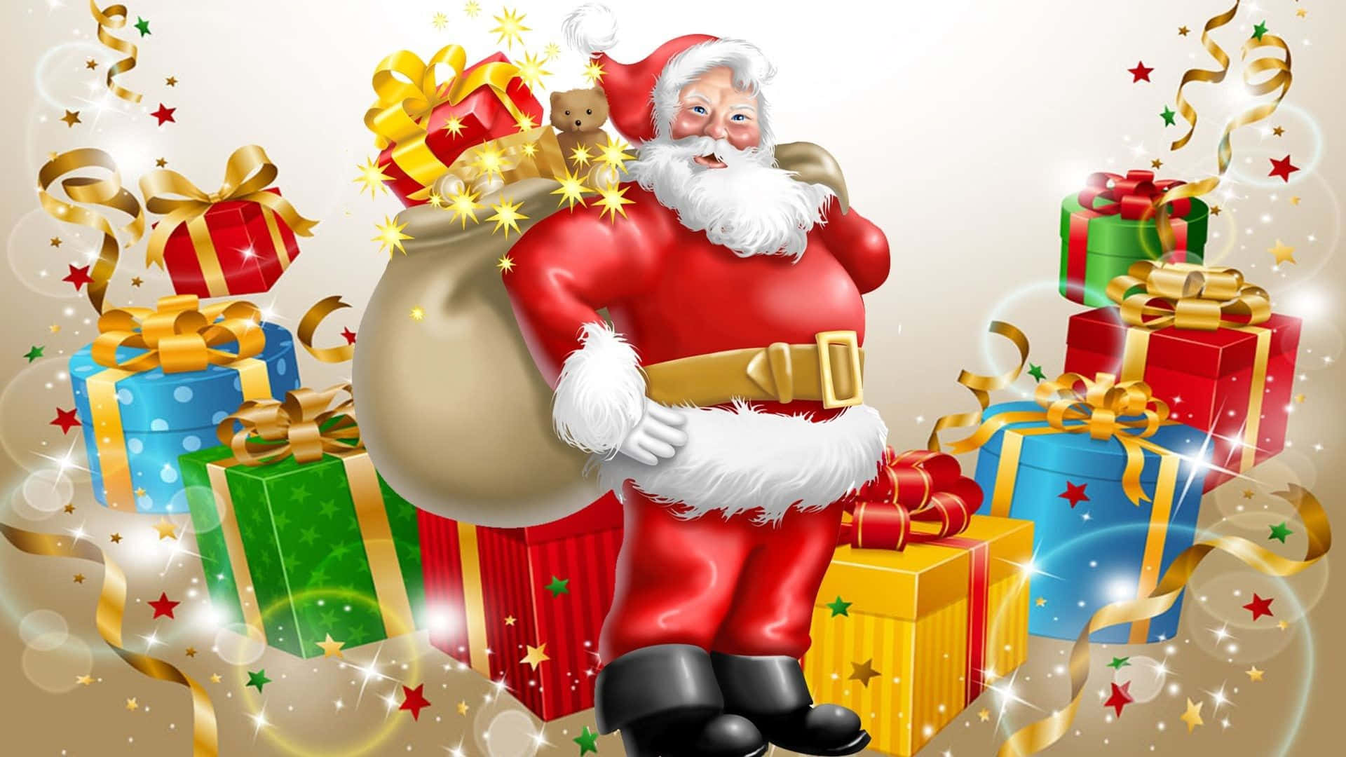 Santa Claus, red suit, colorful gift boxes, Full HD Desktop Wallpaper