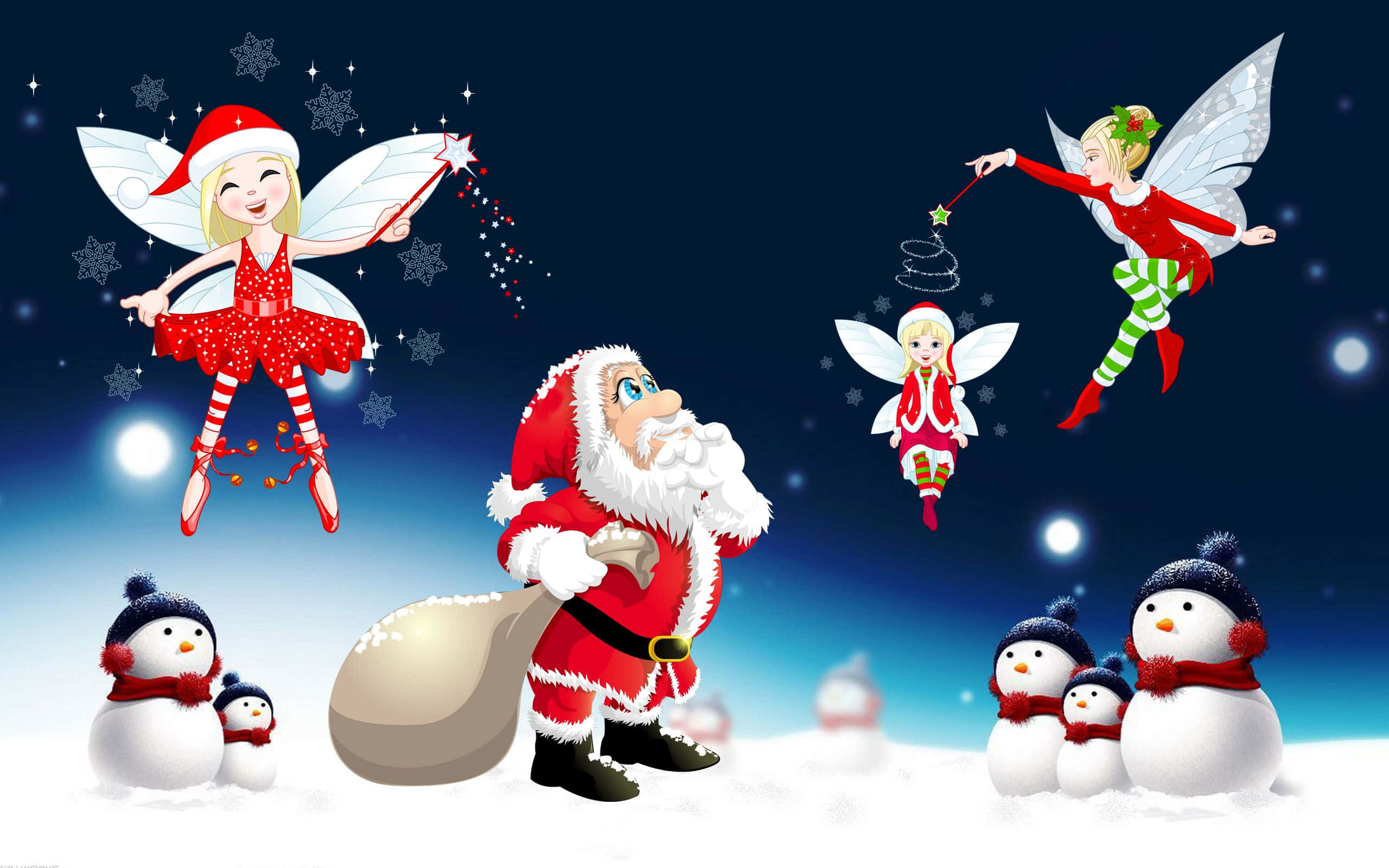 Santa Claus, snowy night, three fairies, 2K Desktop Wallpaper