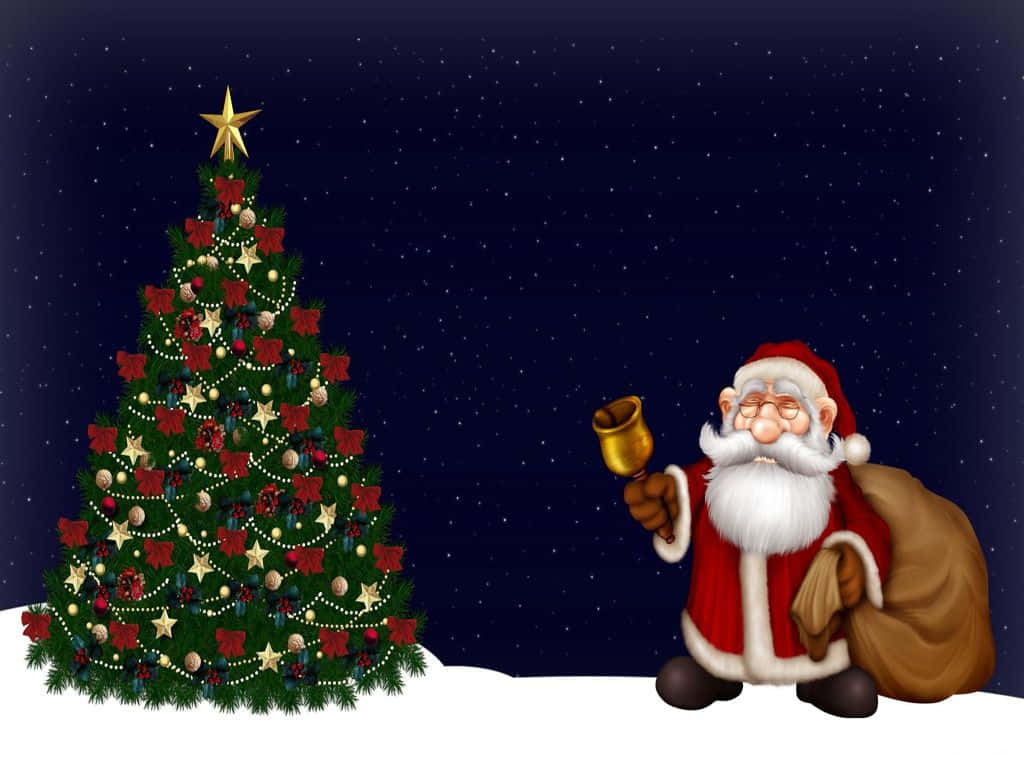 Santa Claus, red suit, golden bell, SD Desktop Wallpaper