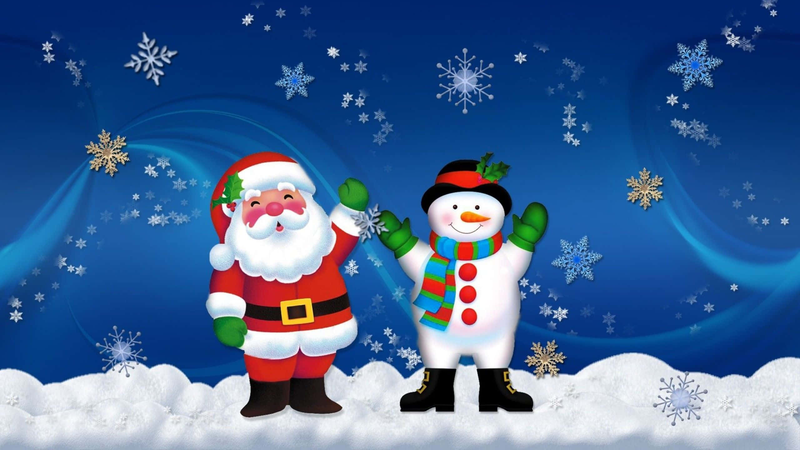 Santa Claus, snowman, snowy landscape, 2K Desktop Wallpaper