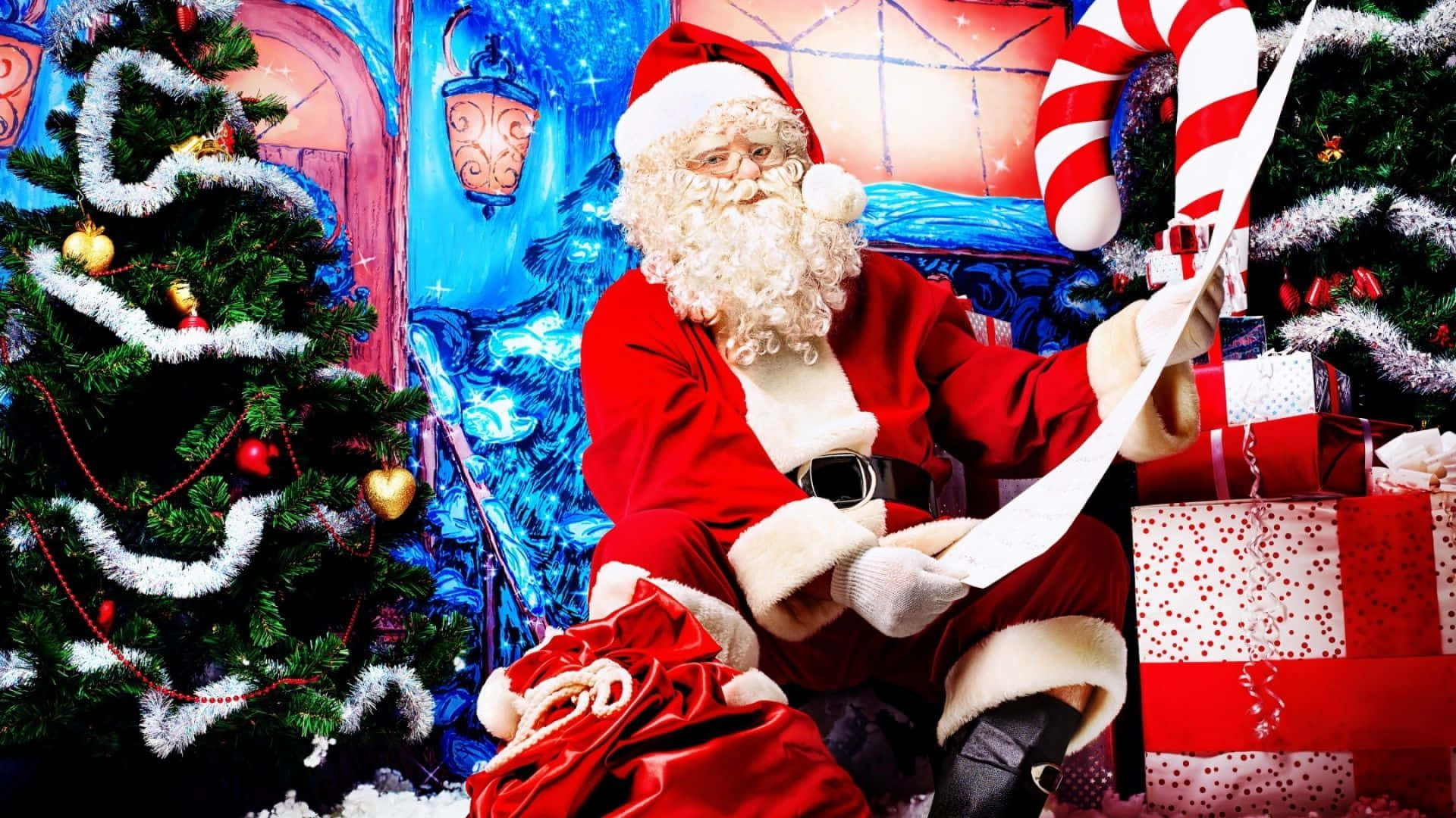 Santa Claus, red suit, decorated Christmas tree, Full HD Desktop Wallpaper