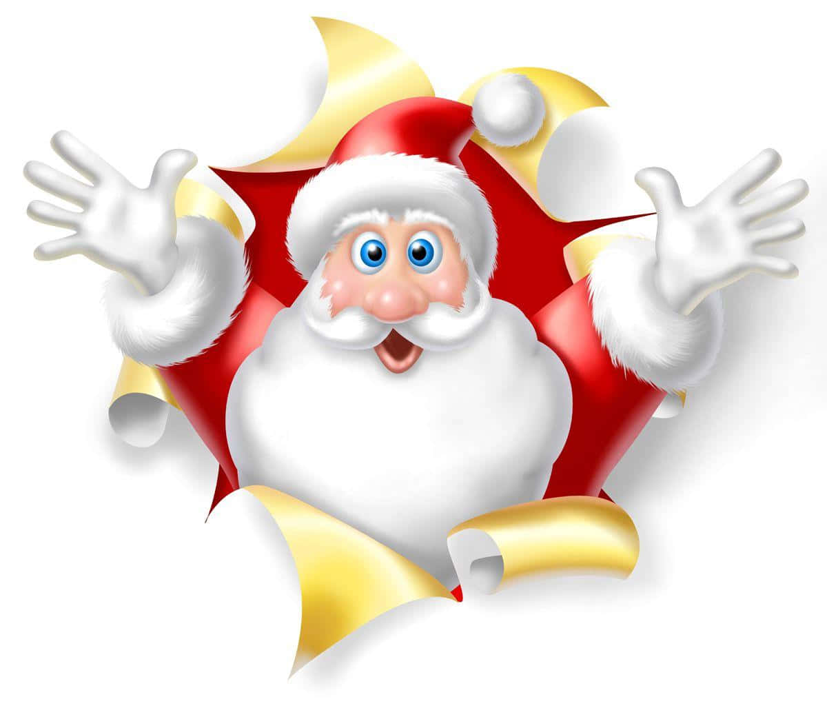 Santa Claus, red and gold star-shaped hole, cheerful cartoon, SD Desktop Wallpaper
