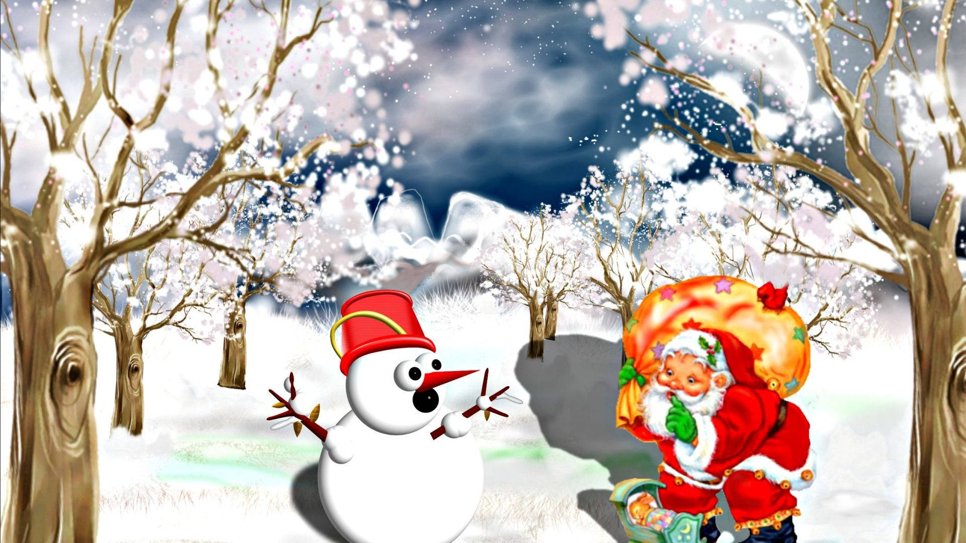 Santa Claus, snowman, giant sack, Full HD Desktop Wallpaper