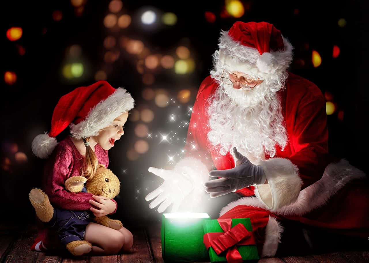 Santa Claus, Santa hat, glowing green gift box, HD Desktop Wallpaper