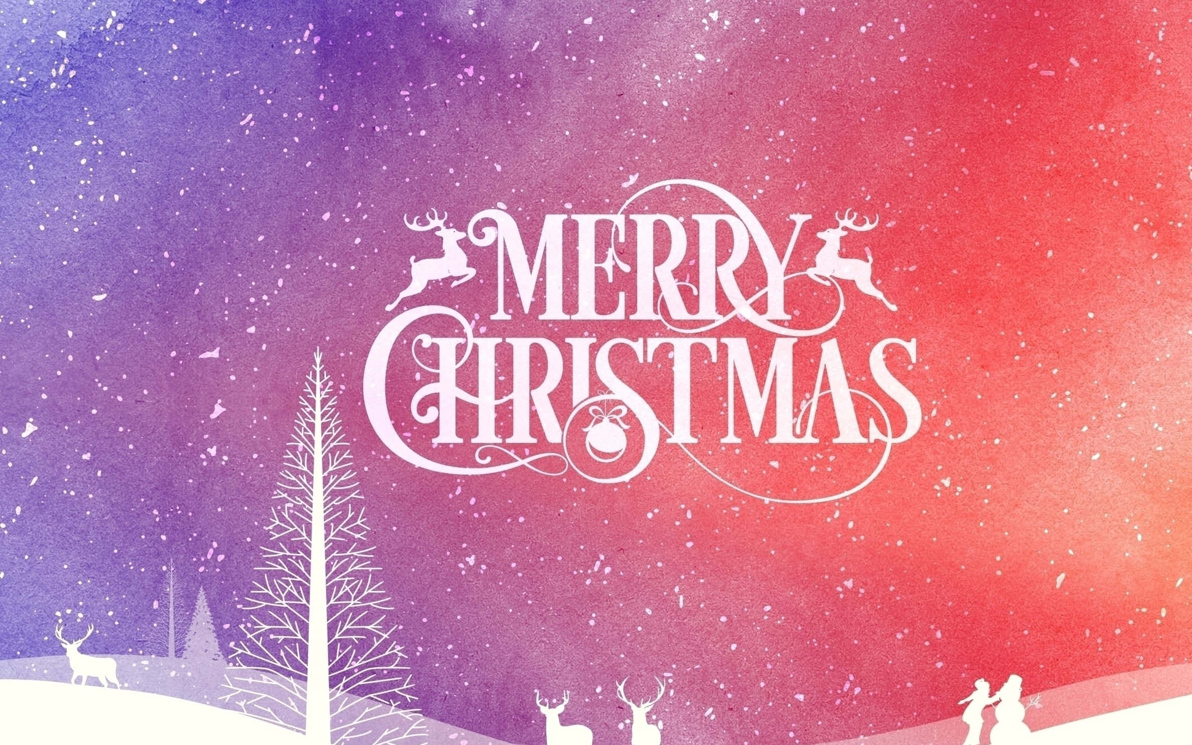 Santa Claus, watercolor Christmas scene, white silhouettes of deer, Full HD Desktop Wallpaper
