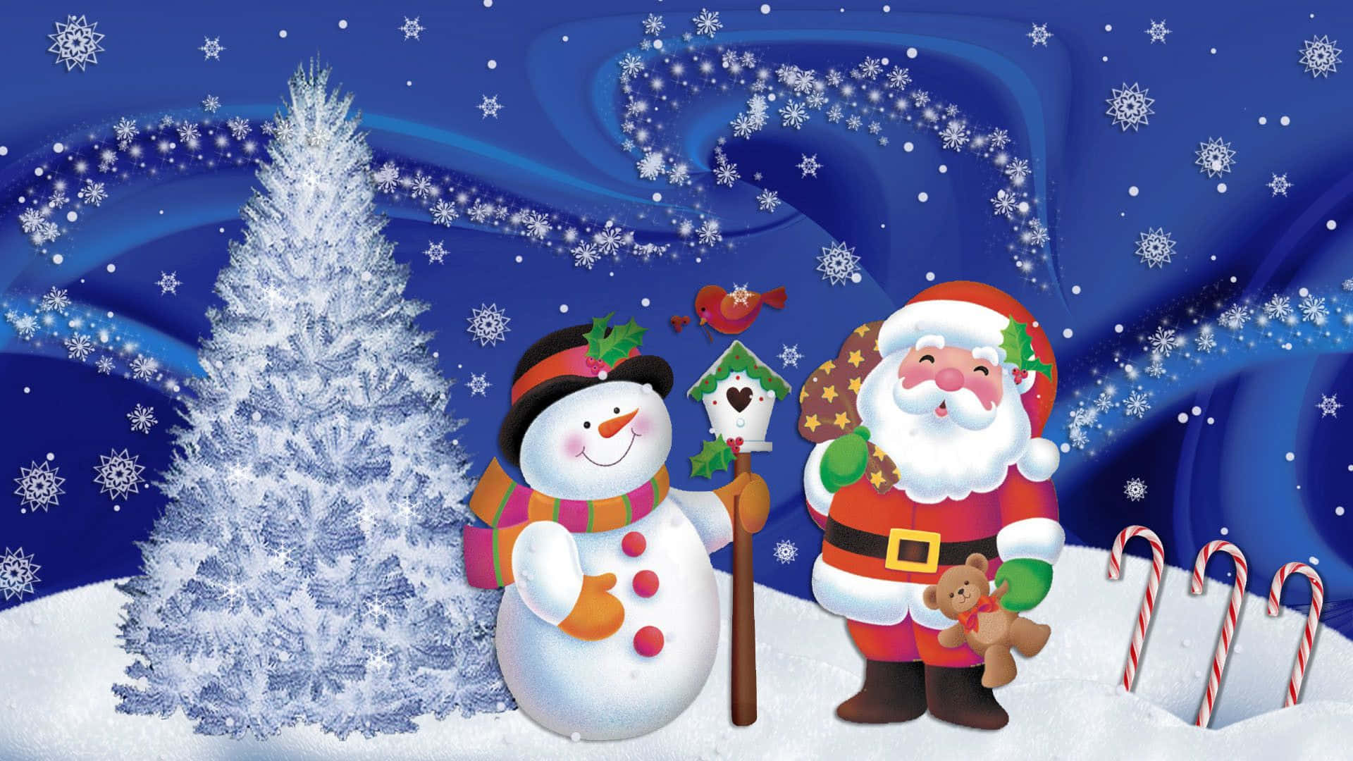 Santa Claus, snowman, snowy pine tree, Full HD Desktop Wallpaper