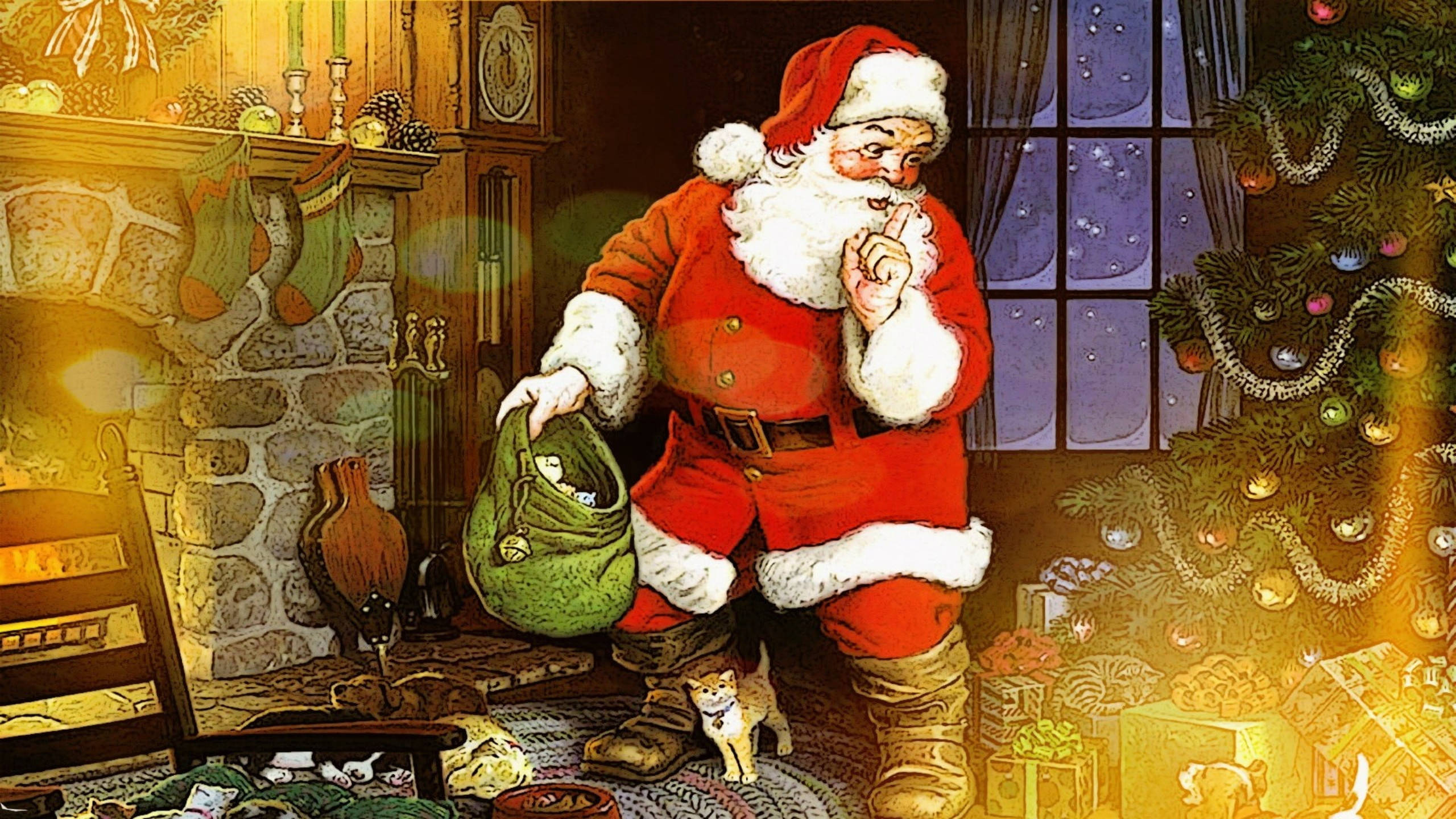 Santa Claus, fireplace room, decorated tree, 2K Desktop Wallpaper
