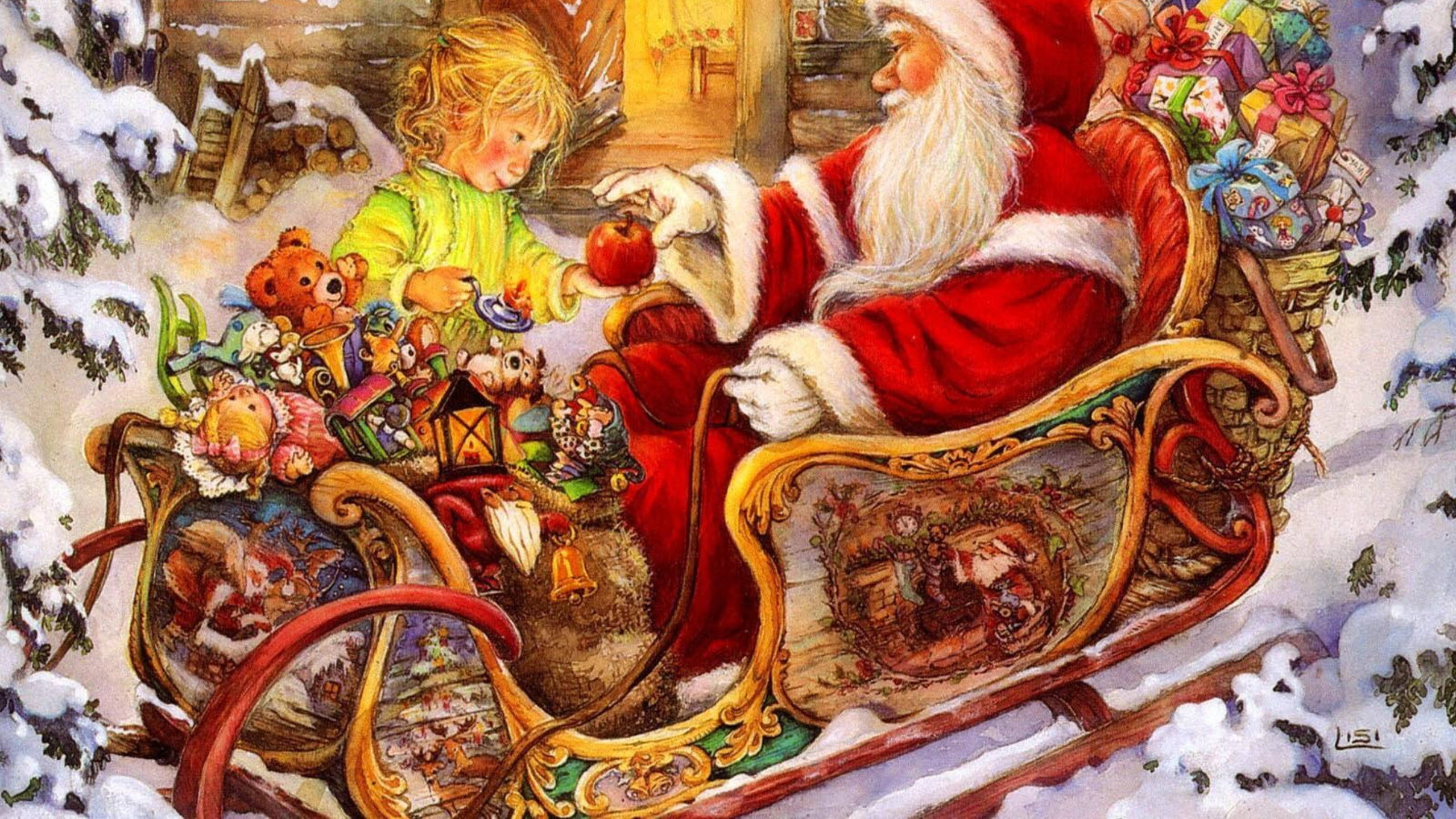 Santa Claus, red sleigh, gifts, 2K Desktop Wallpaper