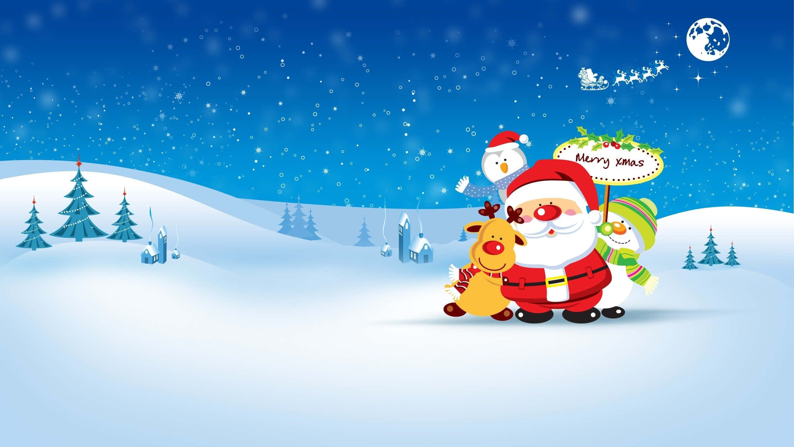 Santa Claus, reindeer, snowman, 2K Desktop Wallpaper