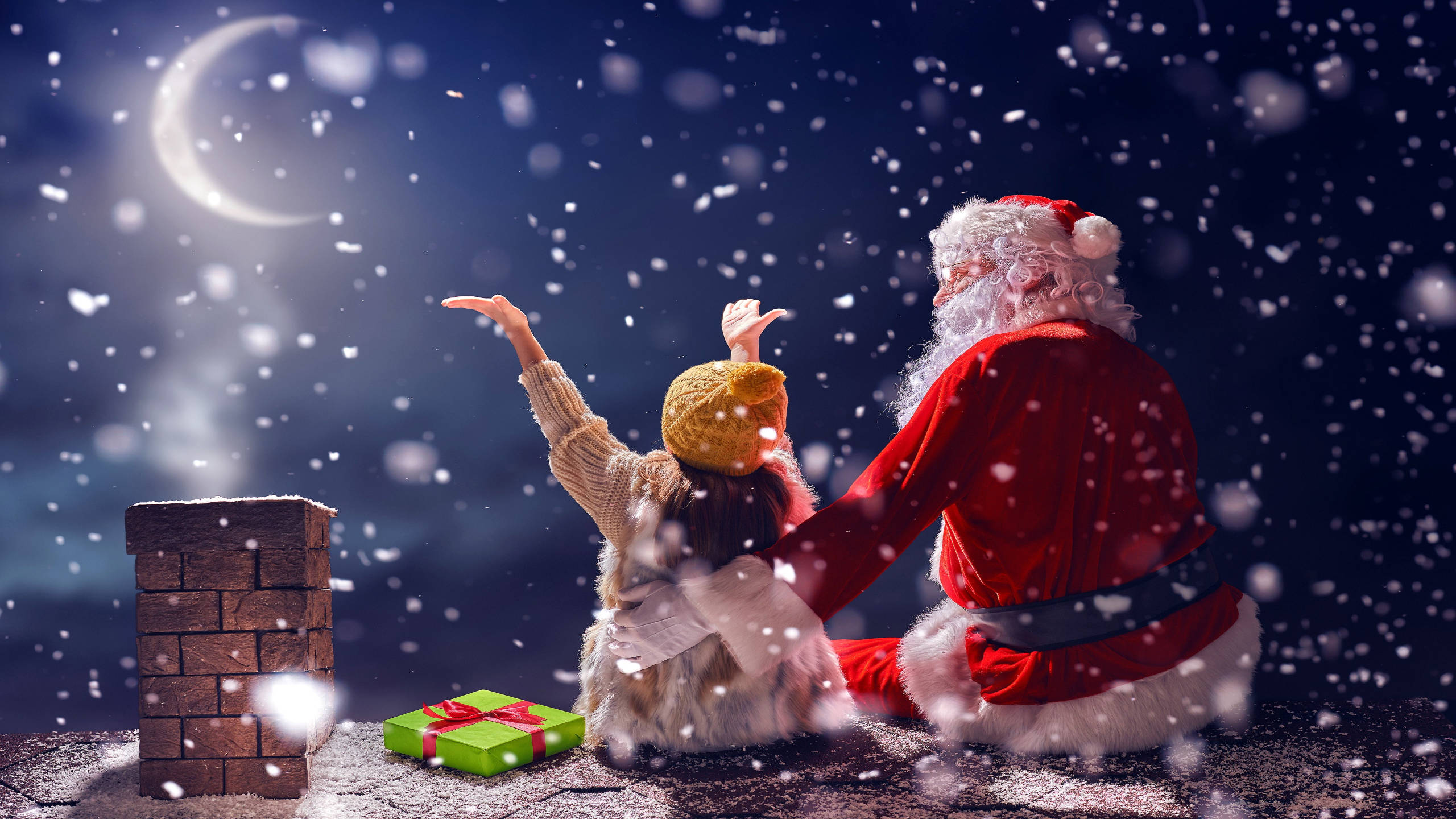 Santa Claus, girl, snowy night sky, 2K Desktop Wallpaper