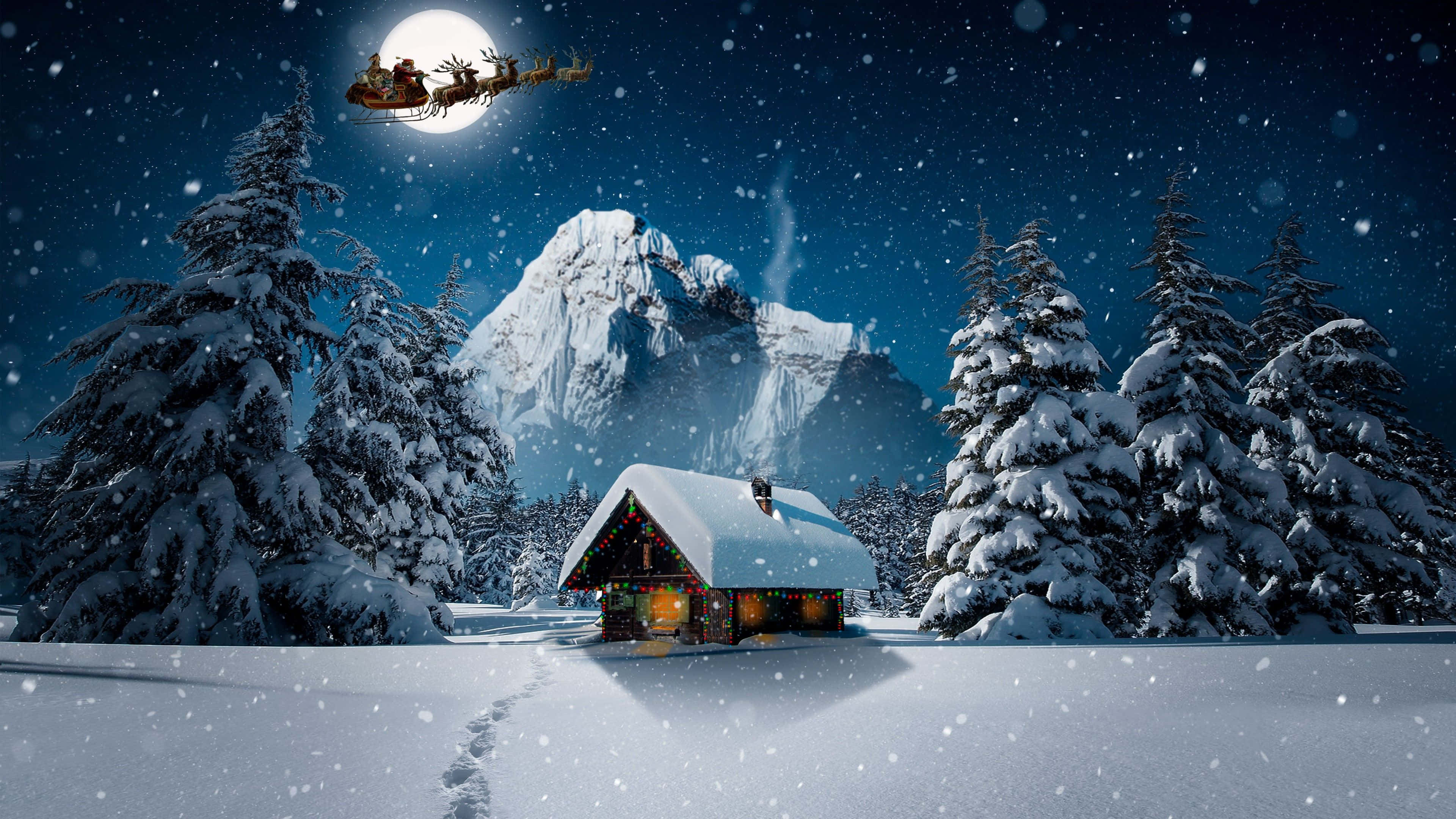 Santa Claus, sleigh, snow-covered cabin, 4K Desktop Wallpaper