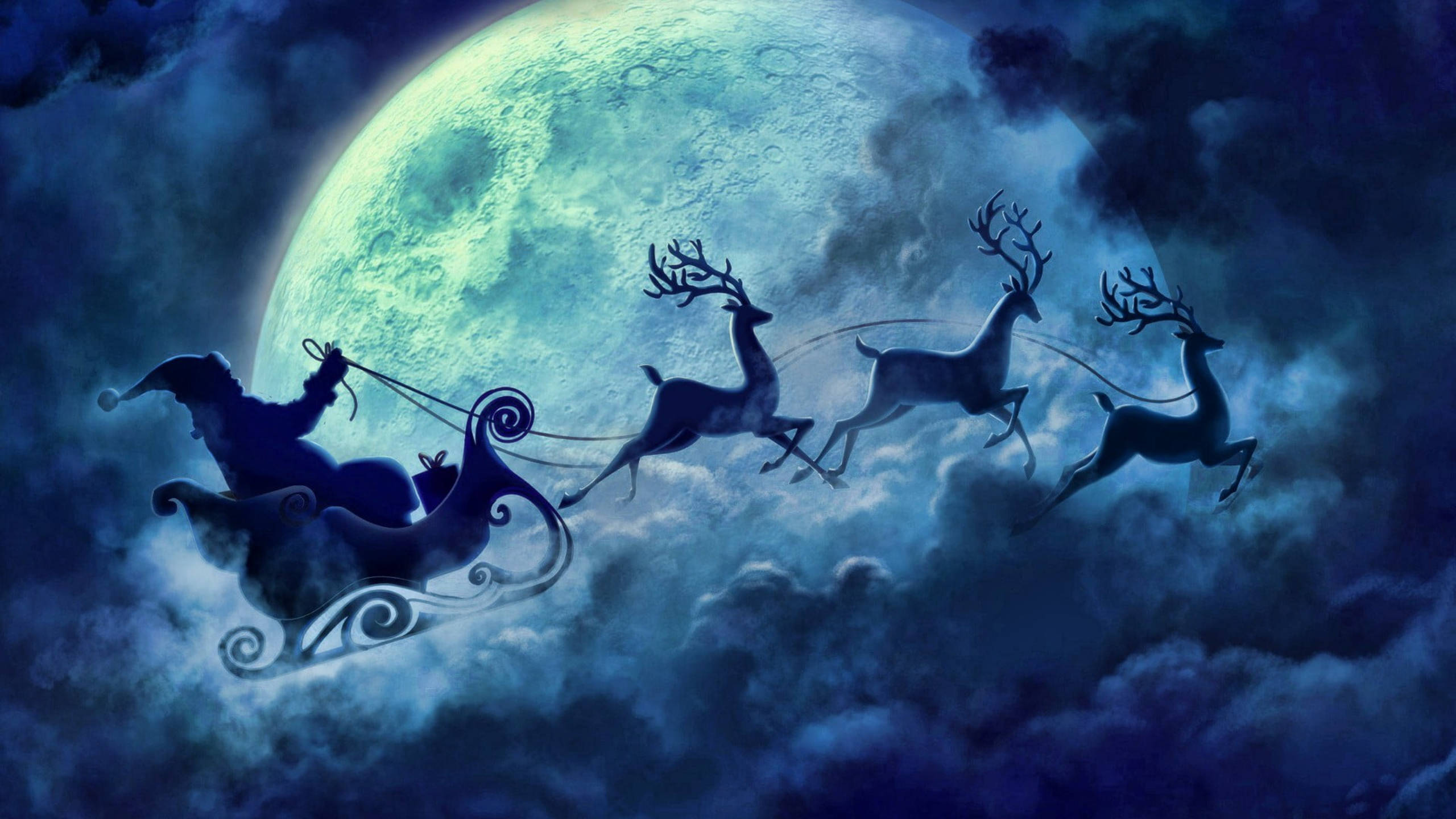Santa Claus, reindeers, full moon, 2K Desktop Wallpaper