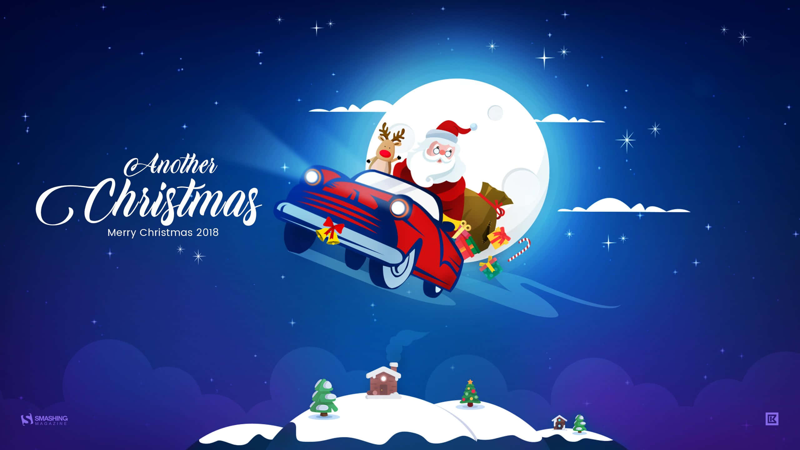 Santa Claus, red vintage car, reindeer, 2K Desktop Wallpaper