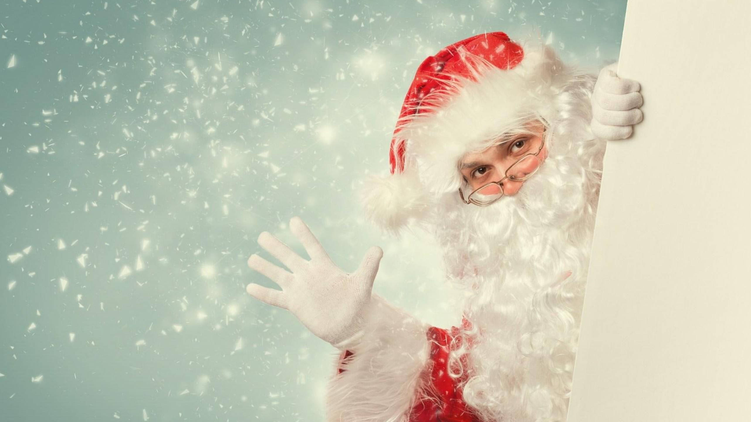 Santa Claus, snowflakes, white board, 2K Desktop Wallpaper