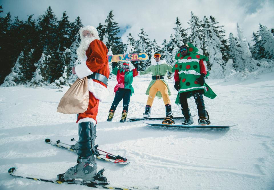 Santa Claus, snowboarders, festive costumes, SD Desktop Wallpaper