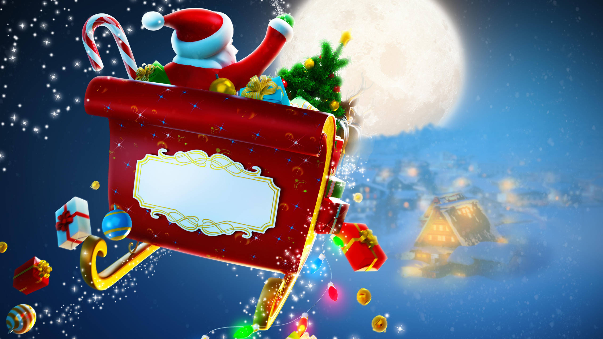 Santa Claus, red sleigh, starry night sky, 2K Desktop Wallpaper