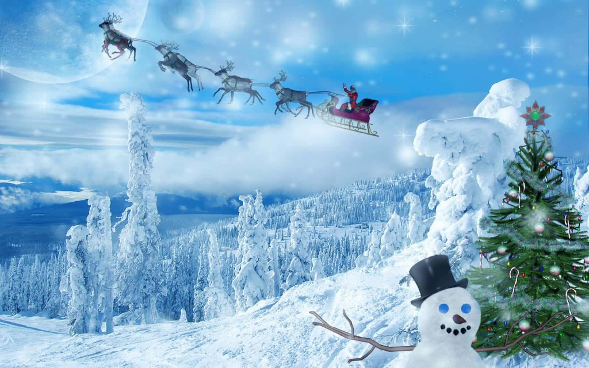 Santa Claus, reindeer, sleigh, Full HD Desktop Wallpaper