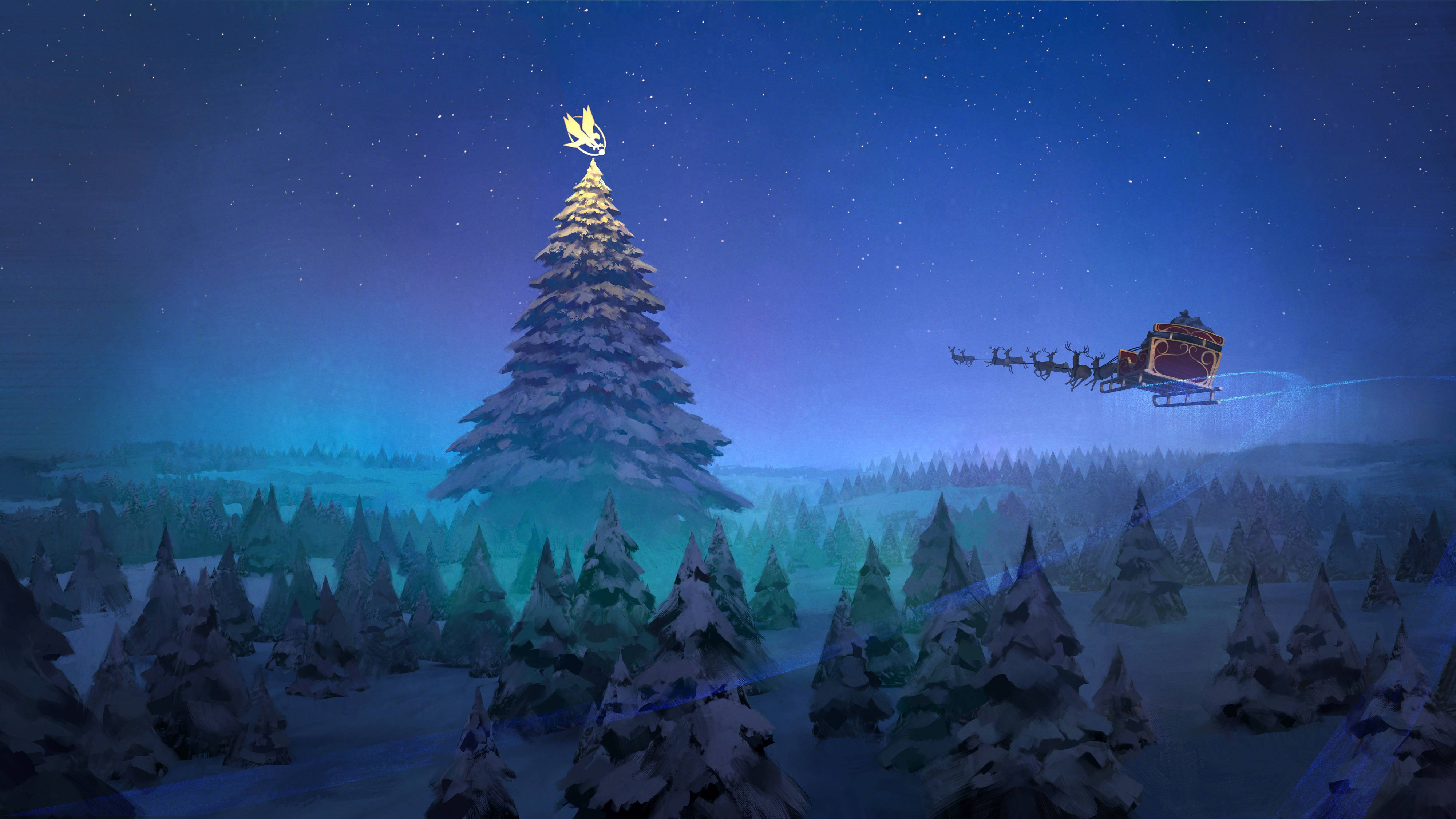 Santa Claus, sleigh, snow-covered Christmas tree, 4K Desktop Wallpaper