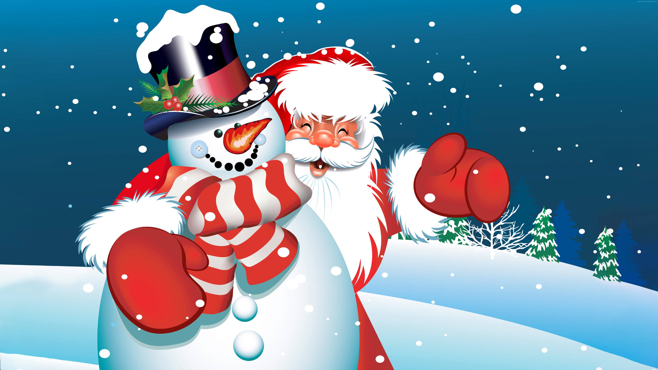 Santa Claus, snowman, festive red gear, 2K Desktop Wallpaper